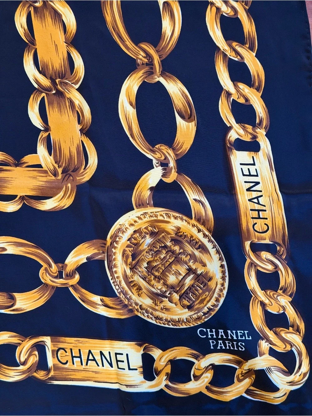 CHANEL Navy Blue and Gold Chain Print Silk Scarf